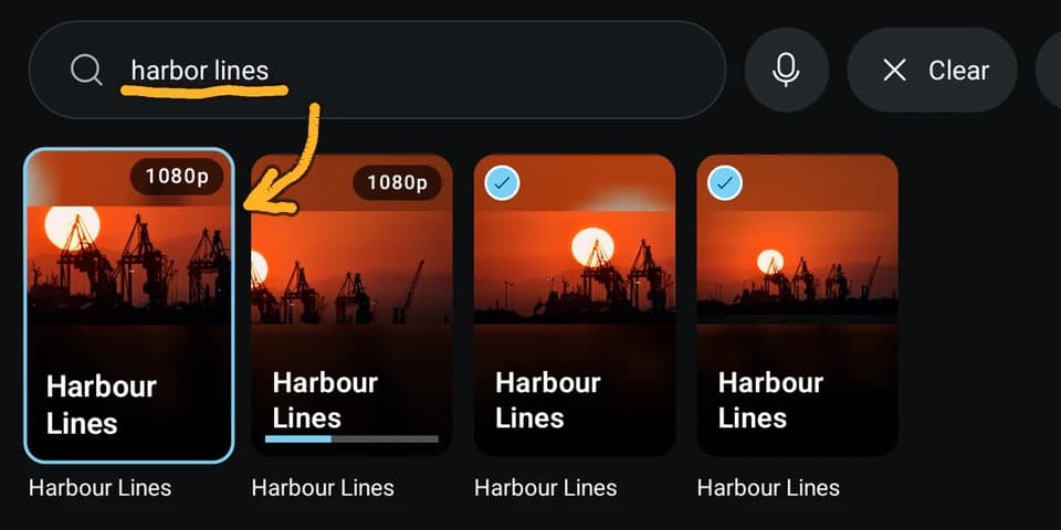 TV search for 'harbor lines' showing four Harbour Lines cards, matched despite the spelling difference