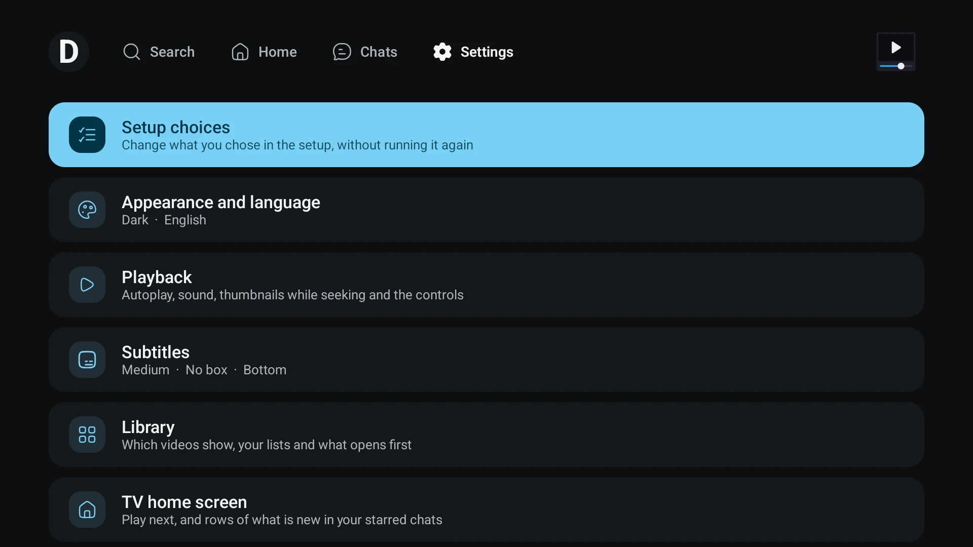 TMPlayer's Settings on a TV under the same top bar, with Setup choices highlighted at the top of the list