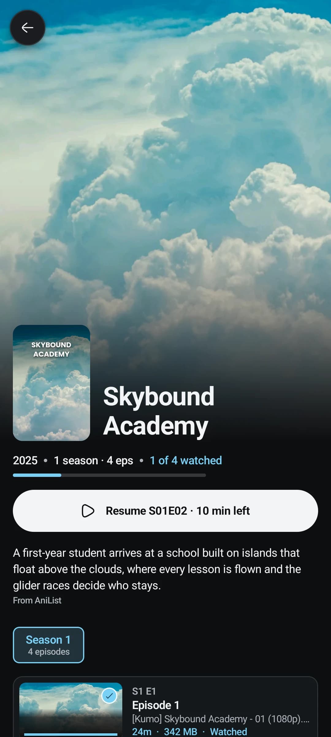 A show's page on a phone in TMPlayer: a cloud artwork header, the poster, one season of four episodes with one watched, a Resume S01E02 button, an overview and the episode list