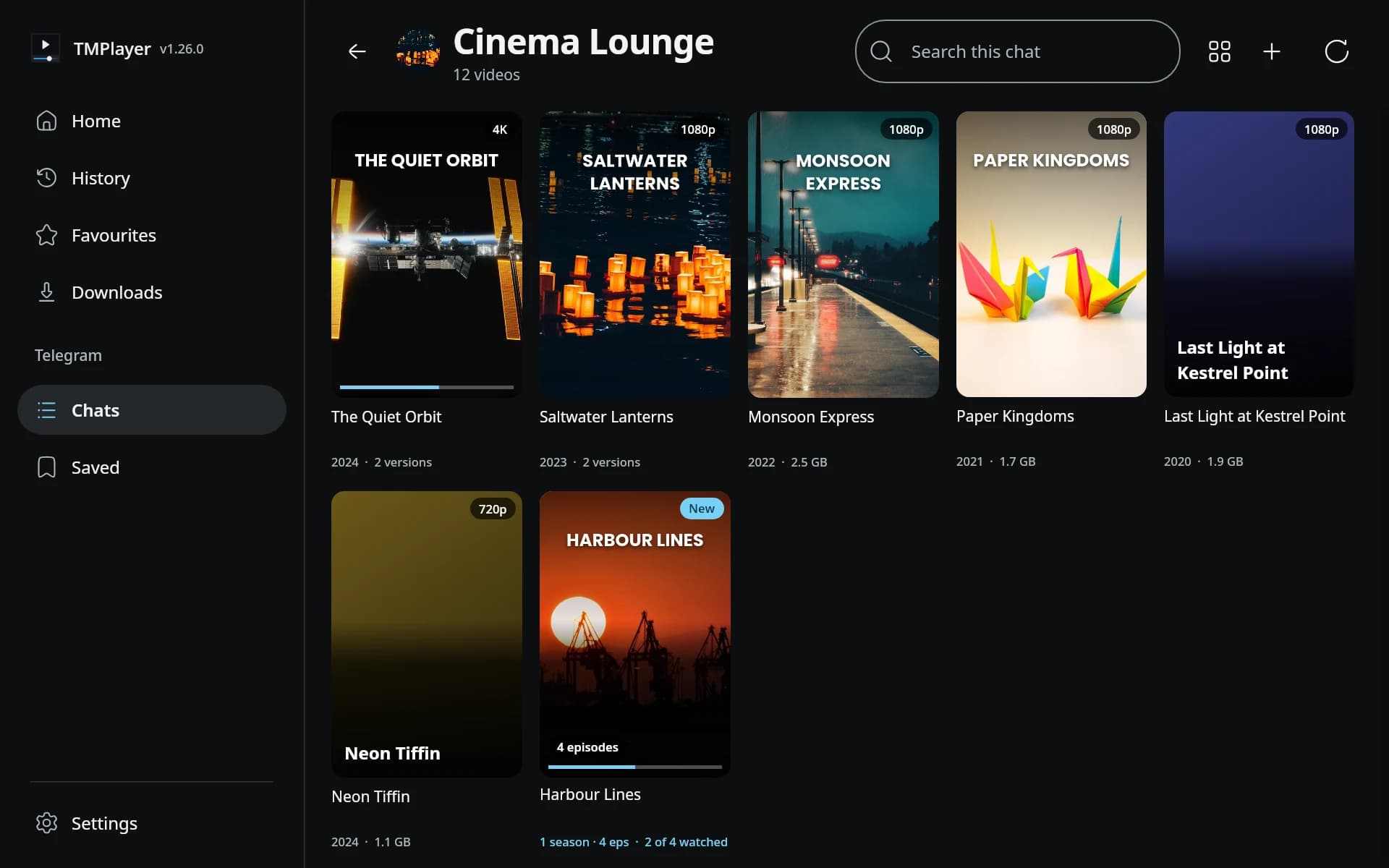 The desktop app showing one chat's films as a grid of posters, with the sidebar on the left