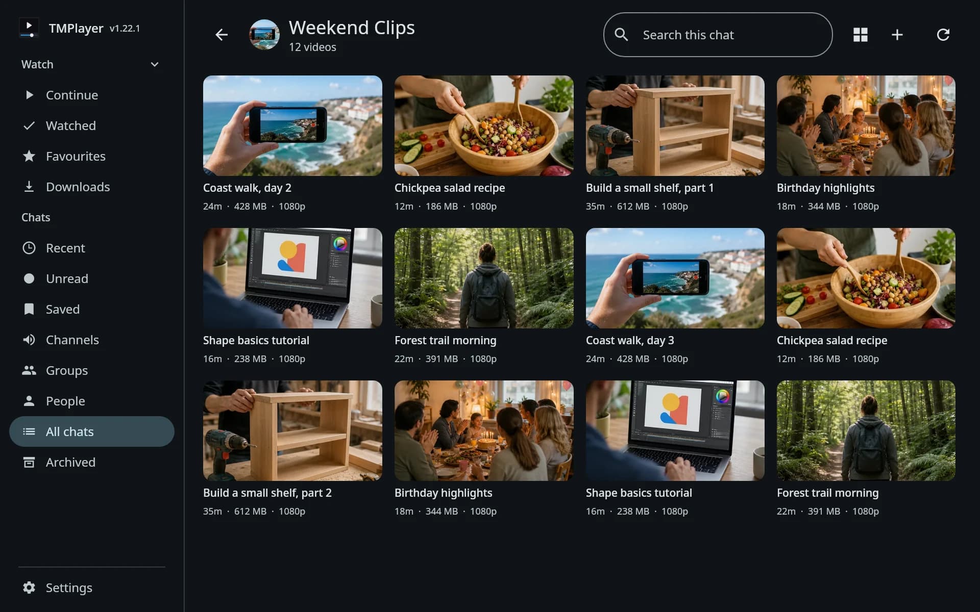 The TMPlayer desktop app, a sidebar of chat sections beside a grid of videos