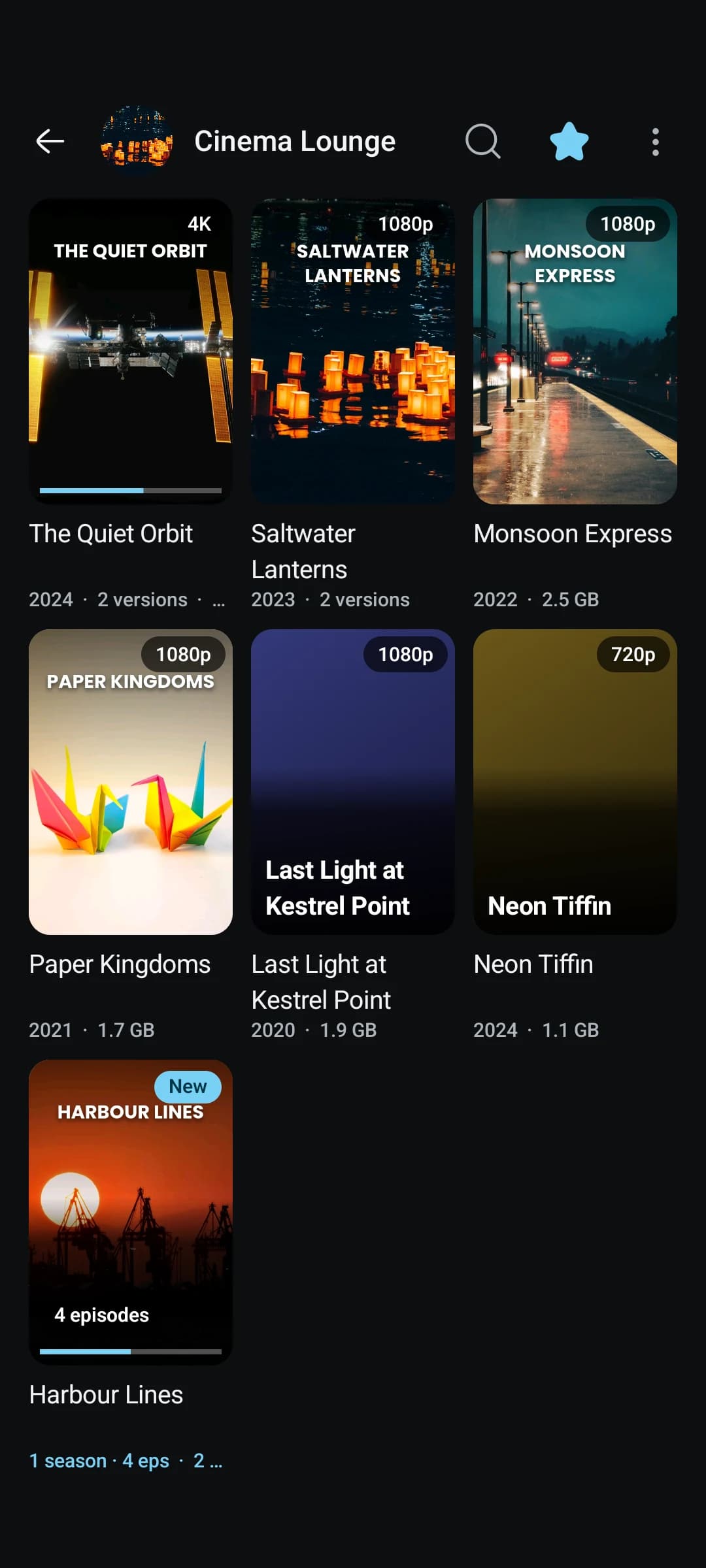One chat's films on a phone as a grid of posters, with year, size and how many versions of each