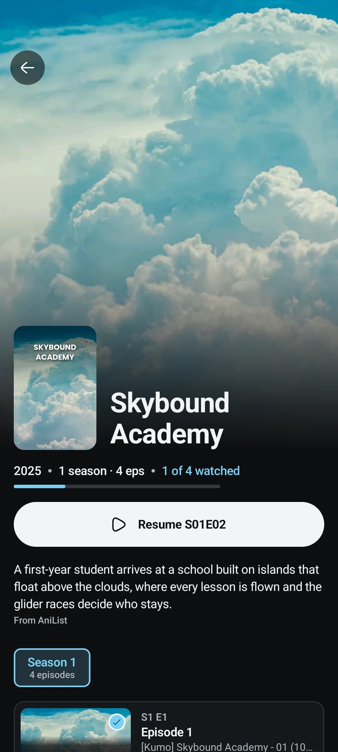 A show's page on a phone: backdrop, poster, title, a progress bar showing 1 of 4 watched, a Resume S01E02 button and the overview