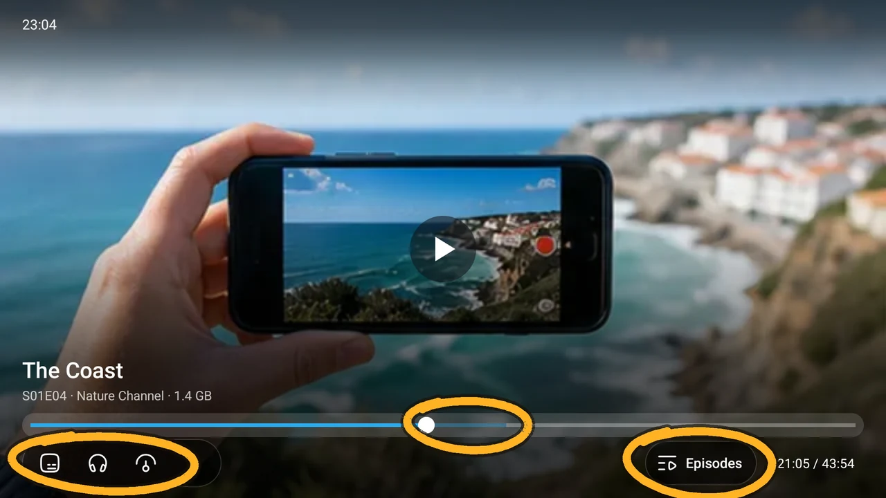 A tour page on TV: the player with circles around the subtitle, audio and speed buttons, the timebar and the Episodes button