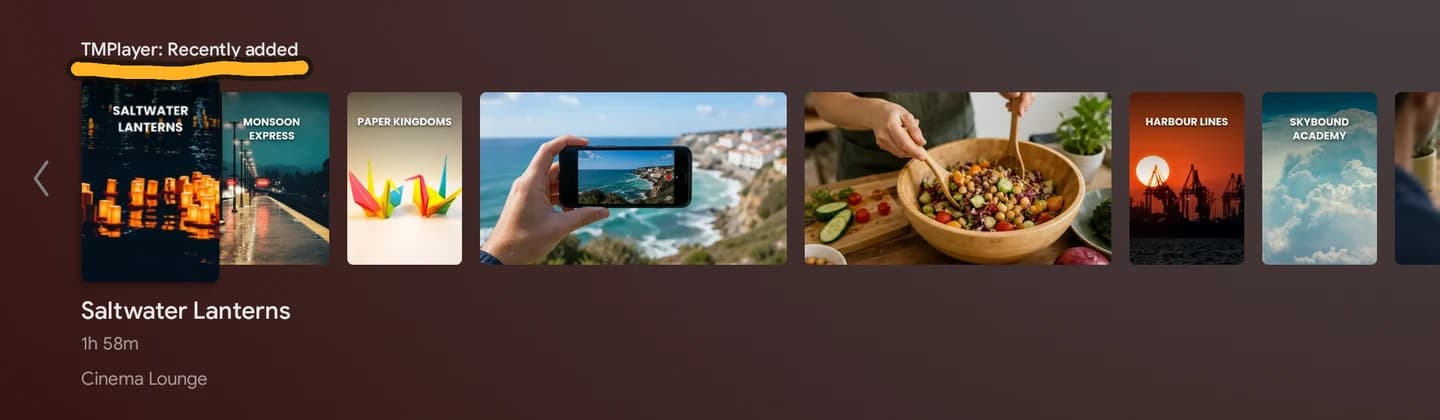 The Android TV home screen with a row labelled TMPlayer: Recently added, showing film posters