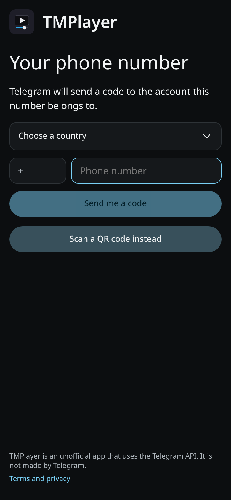 The web.tmplayer.org sign in page at iPhone width: a phone number field with a country picker, Send me a code, Scan a QR code instead, and a note that TMPlayer is an unofficial app that uses the Telegram API